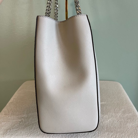 MICHAEL KORS MK Womens Shoulder Tote Bag Chain Strap Pebbled Leather Taupe - Picture 5 of 13